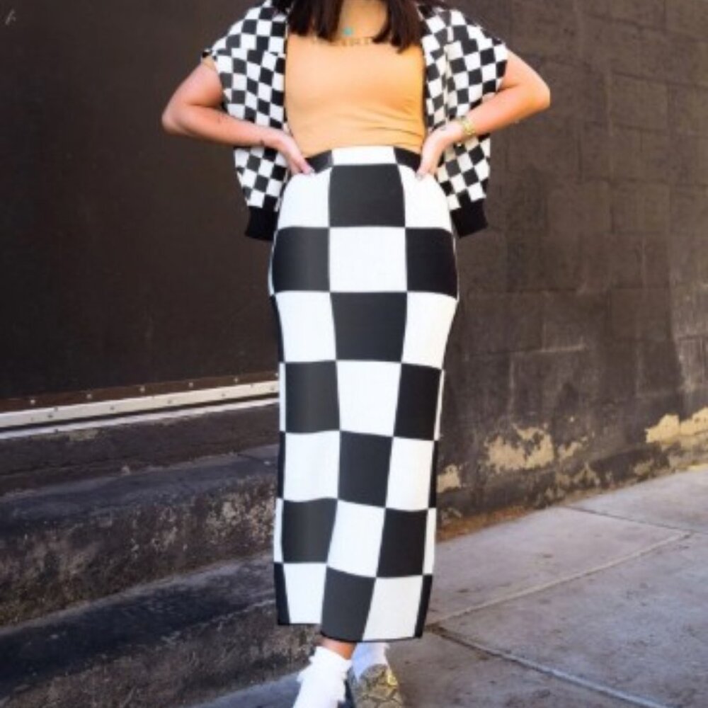 Dressed in LALA Black and white checkerboard fitted skirt